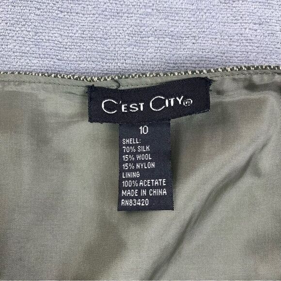 C’EST CITY Olive Green Tweed Silk Wool Blend Pencil Skirt Women’s Size 10 - Picture 8 of 8